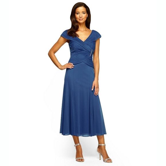 New! ALEX EVENINGS Pleated Bodice Rhinestone Brooch Blue Midi Dress Size 12 - Picture 2 of 3